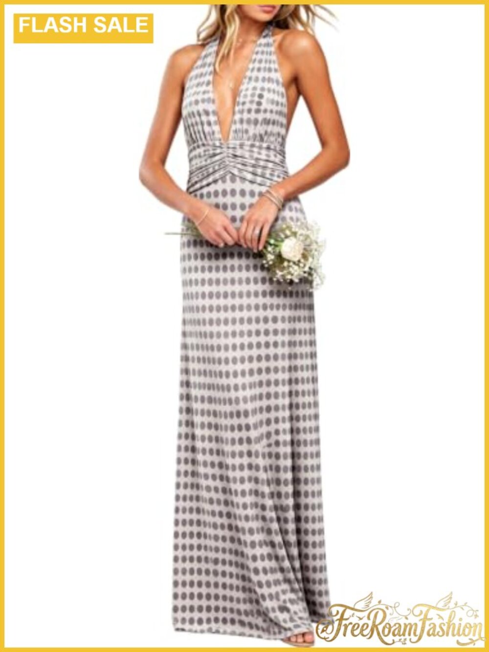Floral Halter Maxi Dress Mesh Backless V-Neck Y2K Cocktail